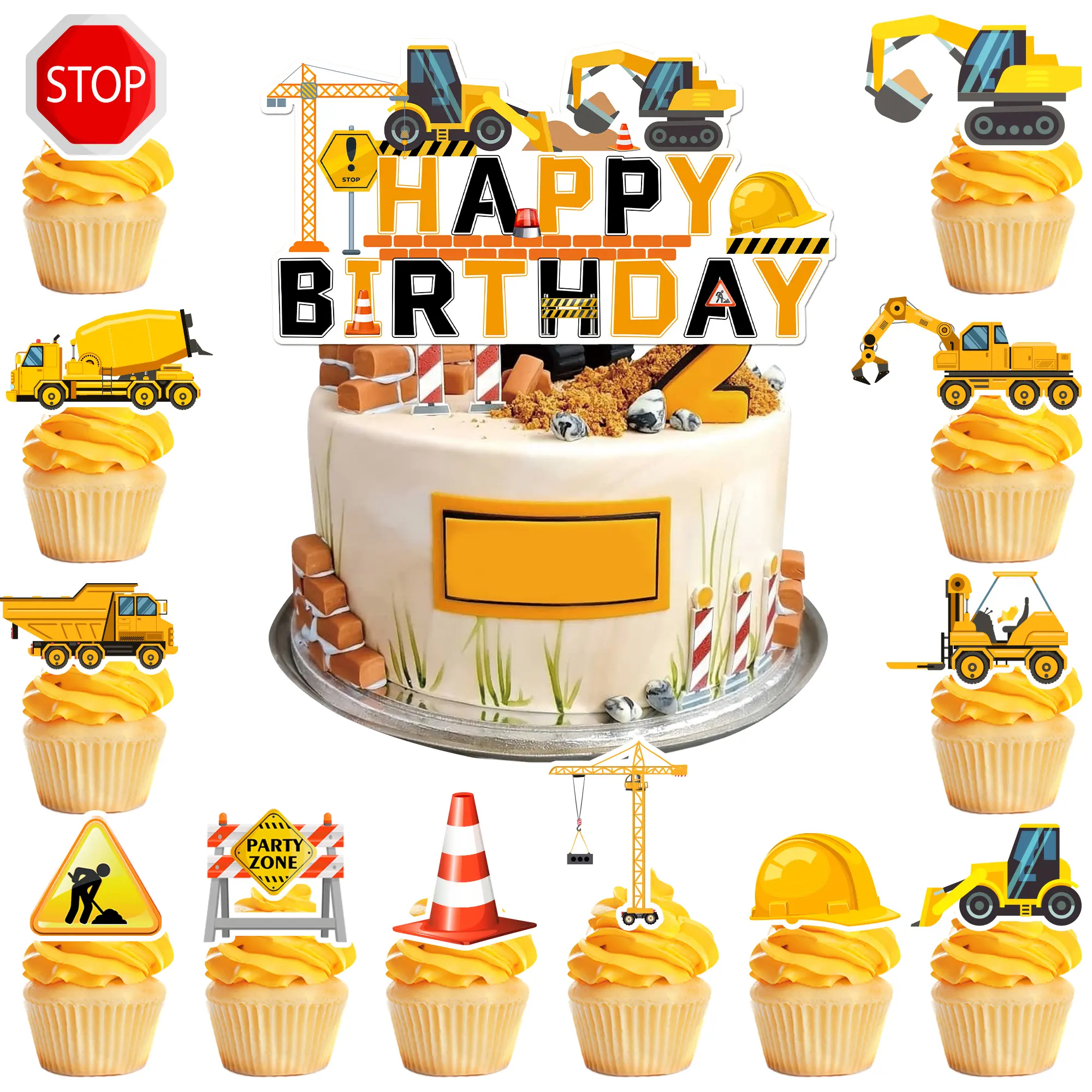 Construction Cake Topper, 13 Pcs Construction Cake Decorations Set-Construction Birthday Cake Topper Construction Cupcake Toppers Excavator Cupcake Toppers for Construction Birthday Party Supplies