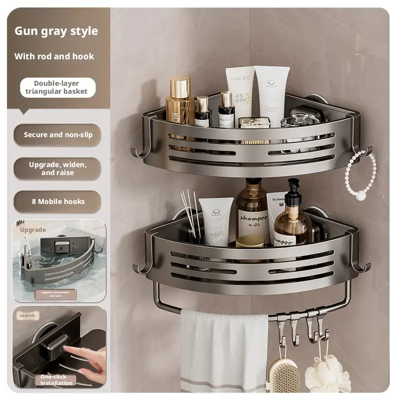 Heavy Duty Shower Caddy Corner Shelf – Gun Gray Aluminum Bathroom Organizer with Powerful Suction Mount, No Drilling Needed, Holds Shampoo & Body Wash Securely