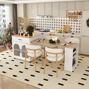 80-inch Expandable Kitchen Island with Dining Table, Solid Wood Grain Countertop with Power Outlet, Mobile Storage Cart with Cabinet & 2 Drawers, Kitchen Prep Table(White)