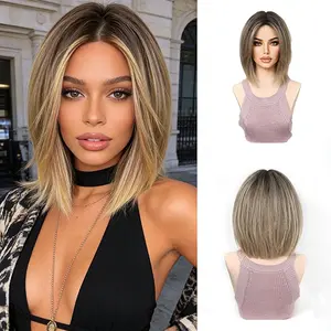 Middle Part Straight 10 Inch Synthetic Wig for Women Golden Blonde Ombre Glueless Lightweight Natural Looking Daily Wear