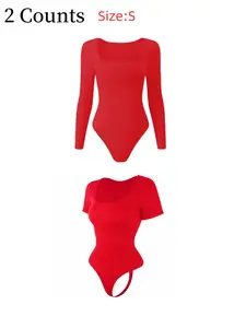 Women's Solid Long Sleeve& Short Sleeve Shapewear Bodysuit Set, Casual Comfy Square Neck Shaper for Daily Wear