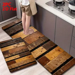 2/3pcs Soft Flannel Kitchen Mat Set, Vintage Wood Grain & Industrial Metal Design, Non-Slip, Absorbent, Home Decor, Washable Vintage Rug