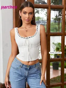 Women's Lace Trim Tie Front Hook & Eye Crop Tank Top, Elegance Casual Scoop Neck Backless Sleeveless Top for Summer, Ladies Clothes for Daily Wear