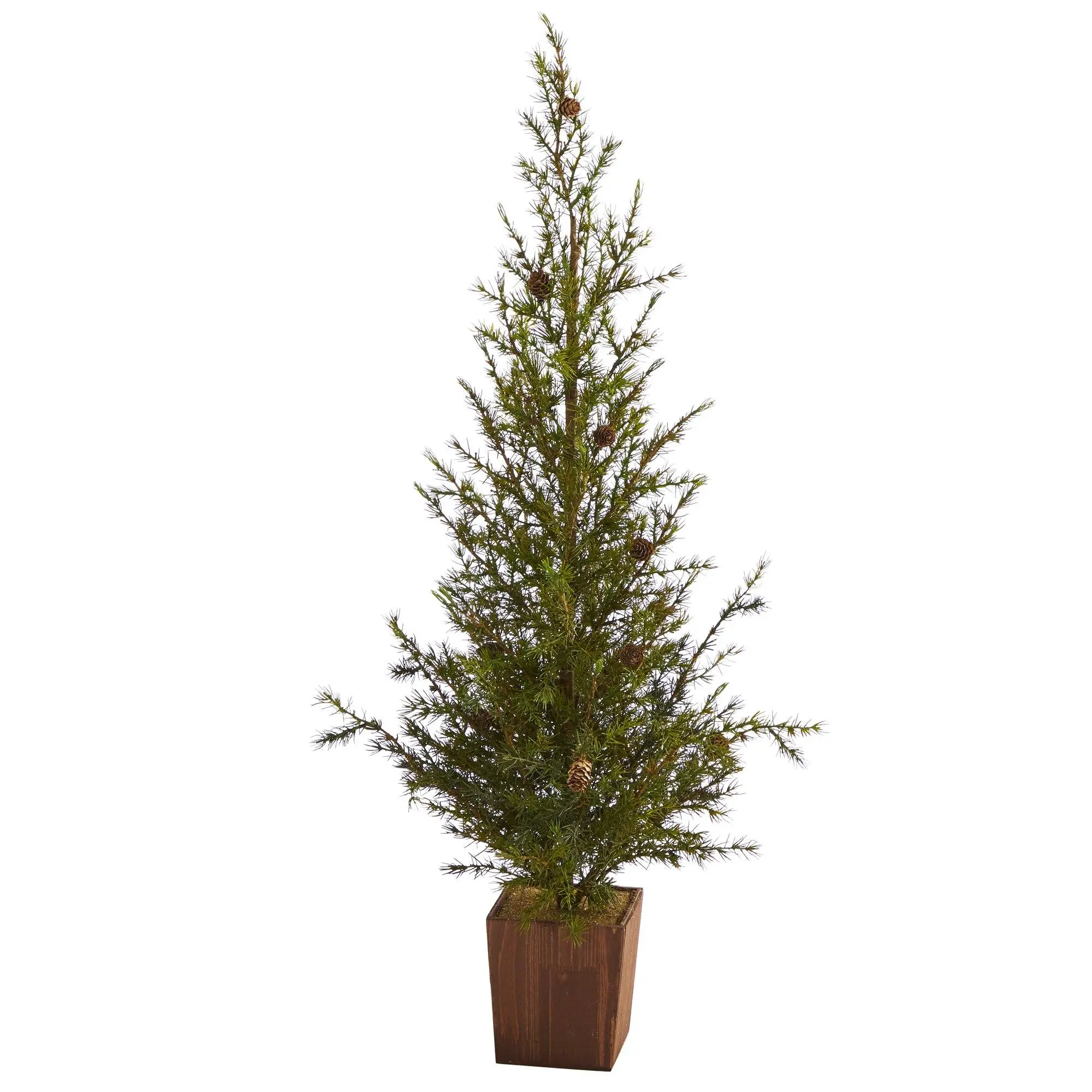 4ft High Artificial Christmas Tree - Alpine Miniature Decorative Tree with Bendable Boughs, Sparse Branches, Pine Cone Accents in Wood Planter, 4’ High