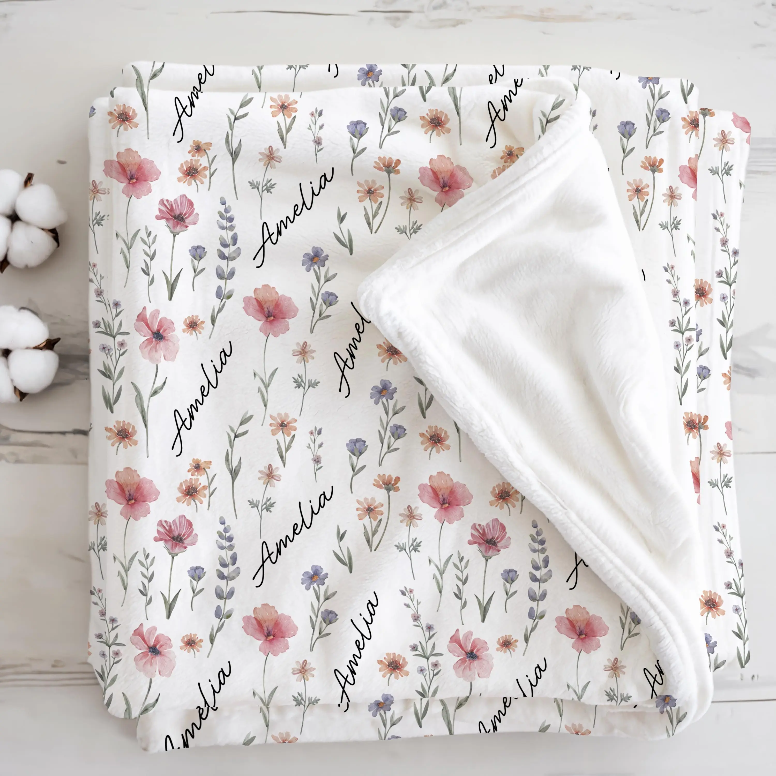 Personalized Wildflower Baby Blanket Custom Name Newborn Girl Nursery Decor Gift