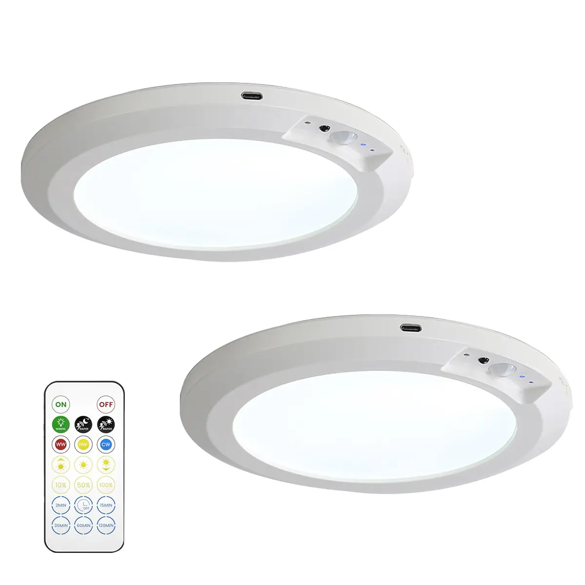 2-Pack Rechargeable LED Motion Sensor Ceiling Lights with Remote - Magnetic Wireless Battery-Powered Adjustable Ceiling Spots, DC Power Supply, Stay-On Mode, Easy to Install for Closet, Sheds
