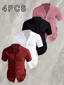 Men's Summer Ice Silk Short Sleeve Shirt Top, 4-Piece Set, Breathable Stretchy Classic Casual Button-Down, Multiple Colors Available