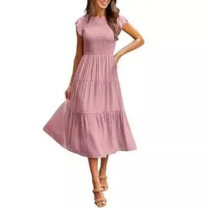 Women’s 2025 Summer Casual Flutter Short-Sleeve Crew-Neck Smocked Tiered Midi Dress with Elastic Waist