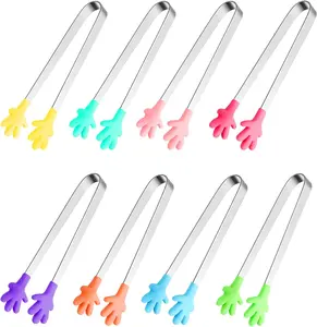 Stainless Steel Mini Food Tongs with Silicone Tips - 8PCS Palm Shape Design for Ice Cube Fruits Sugar Barbecue