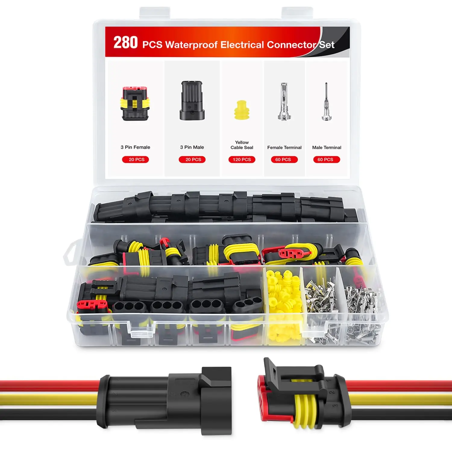 Nilight 280PCS 3 Pin Electrical Connector ‎Plug Male Female Terminal Wire Waterproof Connectors 3 Way Automotive Connect Set for Car Truck Motorcycle Marine Boat 20 Sets