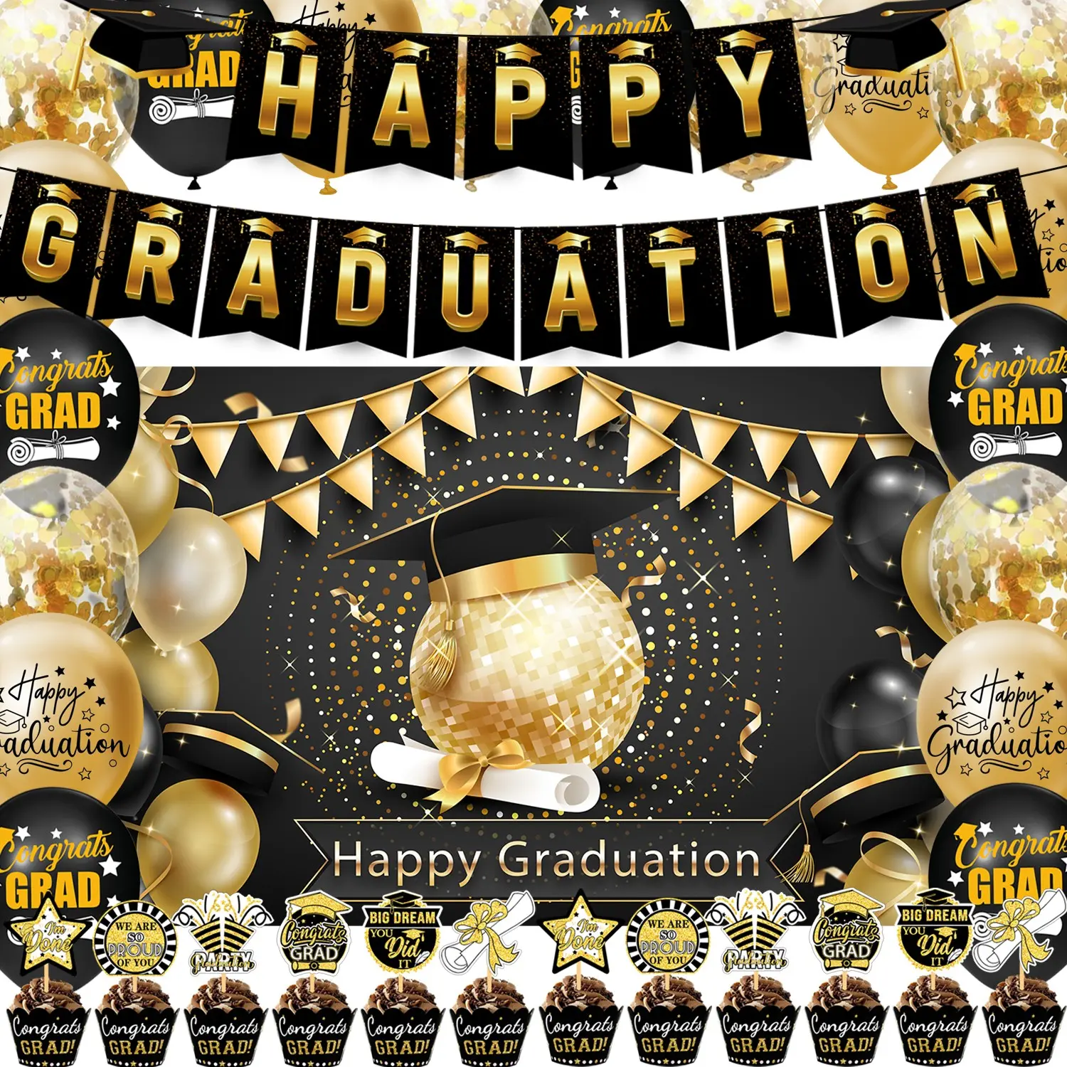 Graduation Decorations, Class of 2026, Black Gold Themed, Party Pack, Congrats Grad Banner, Grad Party Decorations, Grad Party Decoration Supply, Graduation Photo Booth Props, Graduation Class Party Supplies Kit, Party Decoration Set