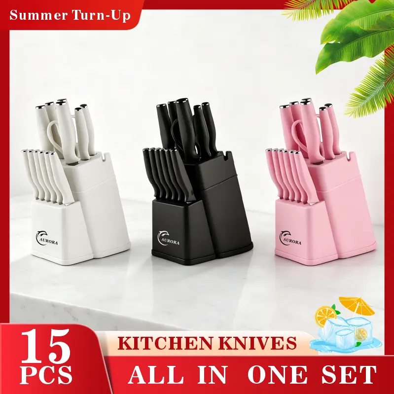 15PcsKitchen Knife Set – With Solid Wood & Plastic Knife Block,IncludingChef's Knife, Japanese-Style Knife, Meat/Vegetable Knife, Chicken Bone Knife & German-Style Steak Knife. it's practical for home use & also ideal as a gift. Wooden StylishFather's Day