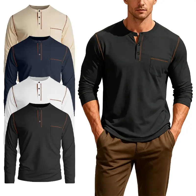 Men's Stylish Contrast Stitching Henley Longsleeve Shirts , Soft Stretch, Button Placket, Chest Pocket, Comfortable Menswear Clothes for Casual Daily Work Use, Small Outdoor Top