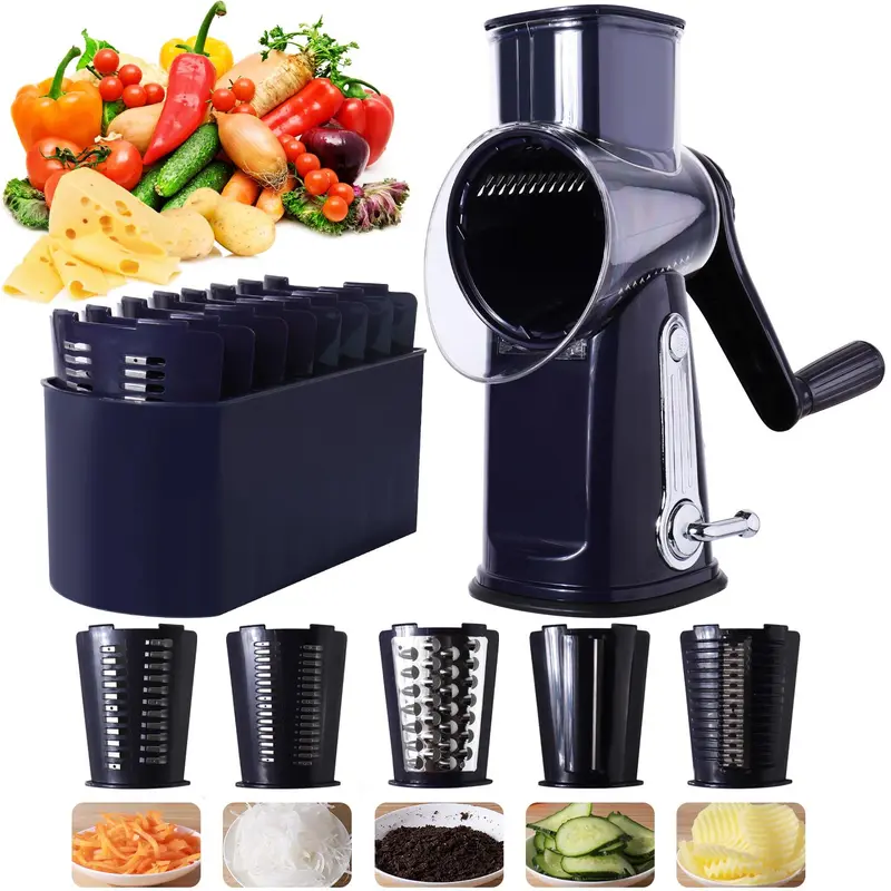 Manual Hand Crank Cheese Grater, 1 Box Rotary Cheese Shredder with 5 Blades, Vegetable Chopper, Round Mandoline Slicer, Vegetable Slicer Dicer, Vegetable Cutting Machine, Kitchen Gadgets