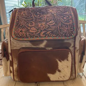 Large TOOLED Leather Cowhide Backpack with Floral Embroidery and Brown and White Color Scheme