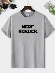Men's Nerf Herder Letter Print Round Neck Graphic Tee, Vintage Trendy Casual Short Sleeve T-shirt for Daily Wear, Men's Summer Outfit, Top