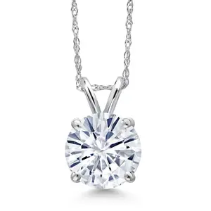 Gem Stone King 14K White Gold White Moissanite Pendant Necklace for Women | 1.90 Cttw | Gemstone Birthstone | Round 8MM | With 18 Inch Chain