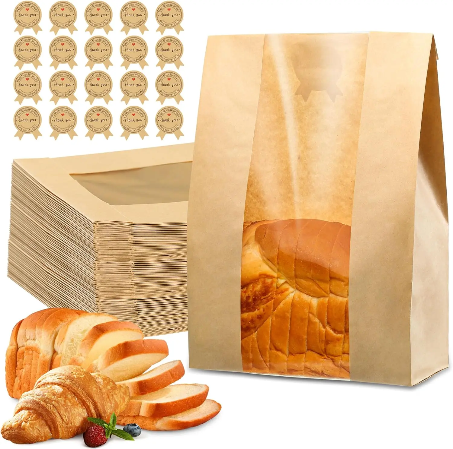 50 Pcs Bread Bags for Homemade Bread, Sourdough Paper With Window, 50% Thicker 13.7x8.2x3.7in A Large Bakery Bags Used for Storage Cookies & Snacks, 60 Cute Sealing Stickers With Ties Elegant Packaging Gift Wrapping Supplies