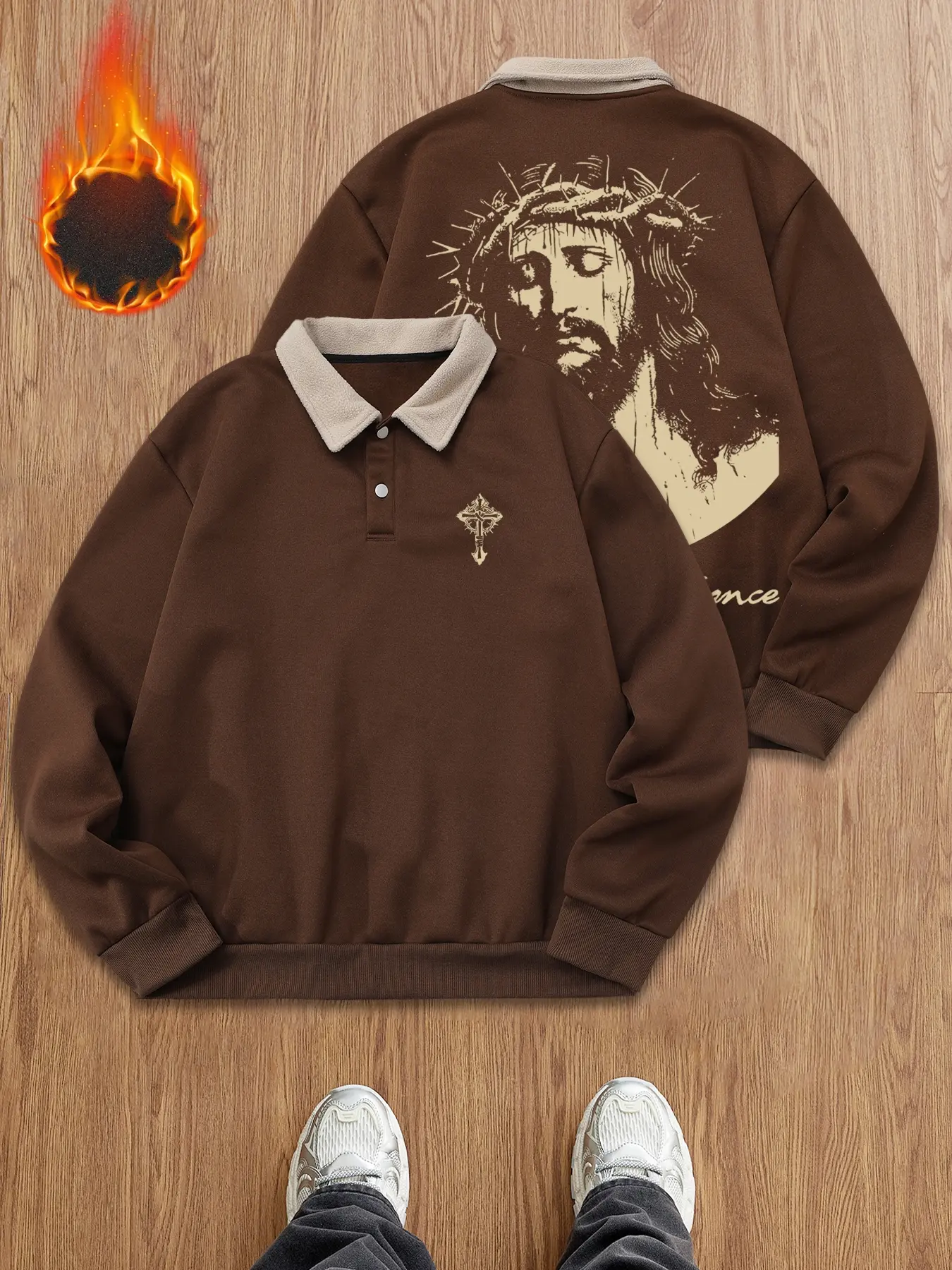 Unisex Jesus Graphic Print Polo Long Sleeve Sweatshirt, Fleece Lined Top with Crown of Thorns and Cross Element, Casual Faith Based Streetwear for Friend Gatherings, Religious Sweatshirt Gift