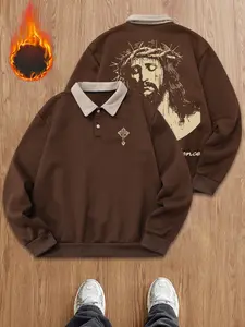 Unisex Jesus Graphic Print Polo Long Sleeve Sweatshirt, Fleece Lined Top with Crown of Thorns and Cross Element, Casual Streetwear for Friend Gatherings, Religious Sweatshirt Gift