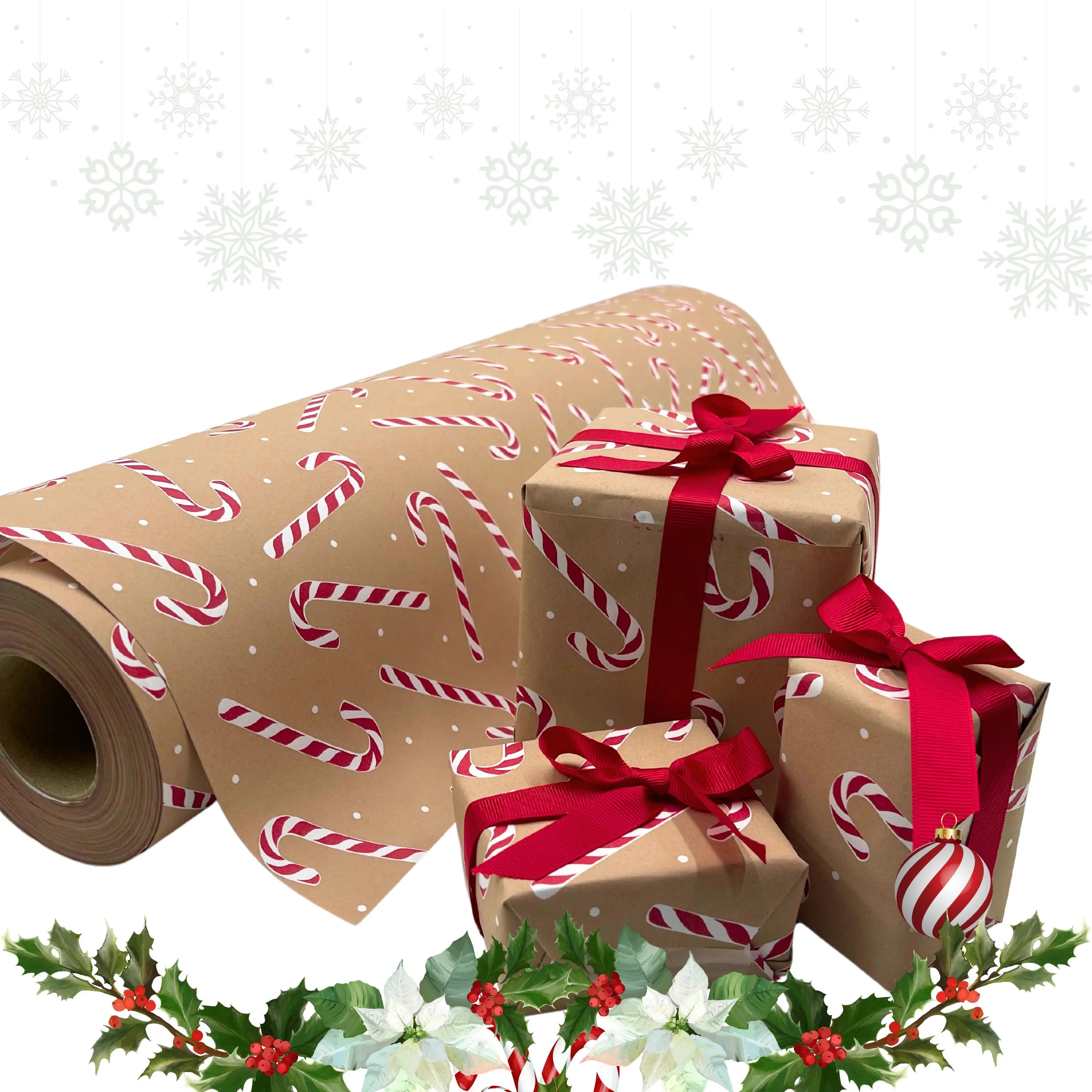 Candy Cane Ginger Red Gift Wrapping Paper – 80gsm, 60cm Wide | Festive Christmas Wrap , Best of gift, Meaningful gift. (Get 1 paper cutter when buying any 5 rolls)