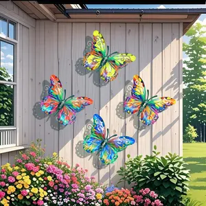 4-Piece Set New Metal Colorful Butterfly Wall Decor, Garden Courtyard Patio Fence Decoration, Metal Craft Artifacts, Outdoor Home Ornament