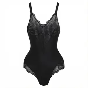 ChicCurve Black Lace Bodysuit with V-Neckline and Adjustable Straps for Women's Comfort and Style