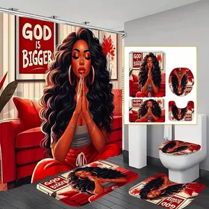 1/4pc Black Woman Pattern Bathroom Accessories, including shower curtain, toilet U-shaped mat, bathroom mat, and toilet seat cover. Perfect for bathroom decoration, partitioning, and beautifying the space. Comes with 12 shower curtain hooks.
