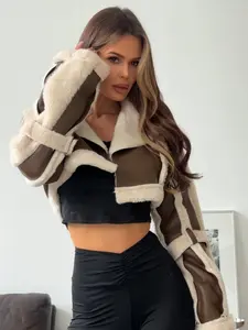 Cozy Chic Outerwear Cropped Faux Suede Sherpa Detailed Jacket Blazer with Oversized Sleeves