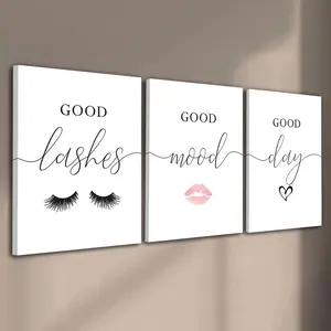 3pcs/Set Wooden Framed, Good Lashes Good Mood Good Day Wall Art Canvas Poster, Fashion Art Eyelash Lipstick Art Print Painting for Beauty Salon Bedroom Home Decoration