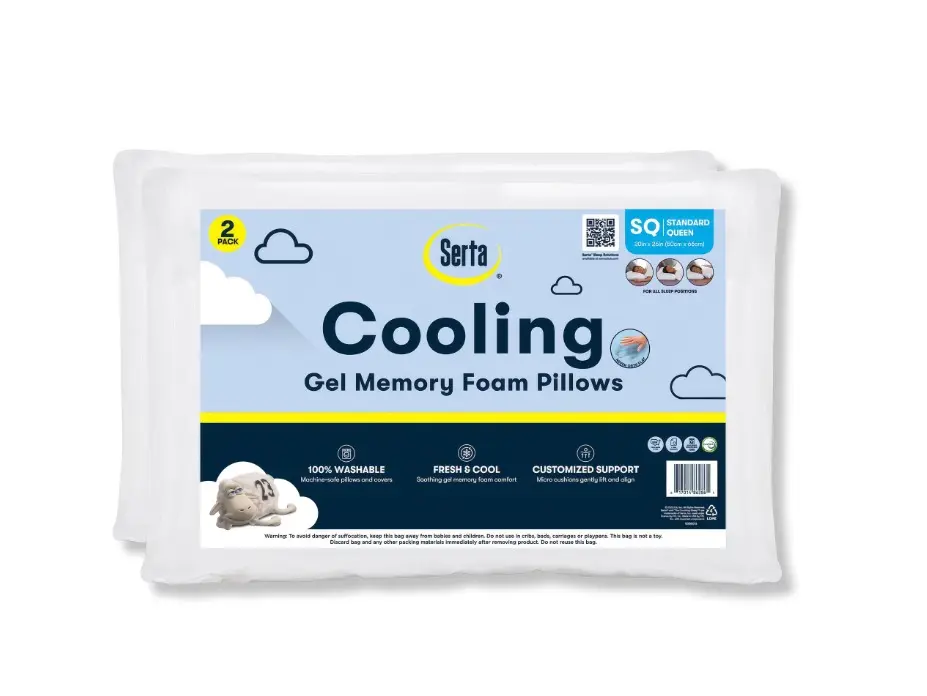 Serta 2-Pack Cooling Gel Foam Bed Pillows - Head Alignment Support, Micro-Cushion Comfort, Washable Design for Camping & Hiking Sleeping Gear
