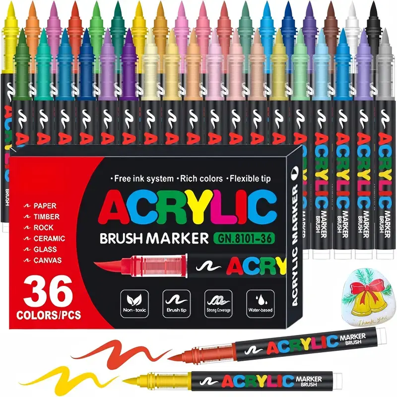 Acrylic Paint Markers - 36 Color pc Marker Pen Set, Artist Fine and Soft Brush Tip Marker for Rock Painting, Books Coloring, Note Taking, Card Writing, Ston Graffiti, DIY Crafts, Drawing Art Supplies Kit, Professional Art Pen Set, party beach cabana