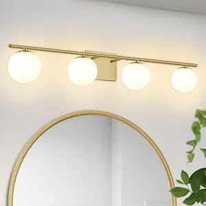 YHTlaeh Bathroom Wall Light Fixture, 4 Lights Bathroom Vanity Light With Brushed Brass Milk White Globe Glass Shades, Brushed Brass Vanity Lights For Bathroom, Powder Room, Vanity Table, Bedroom, Kitchen(Exclude G9 Bulb)