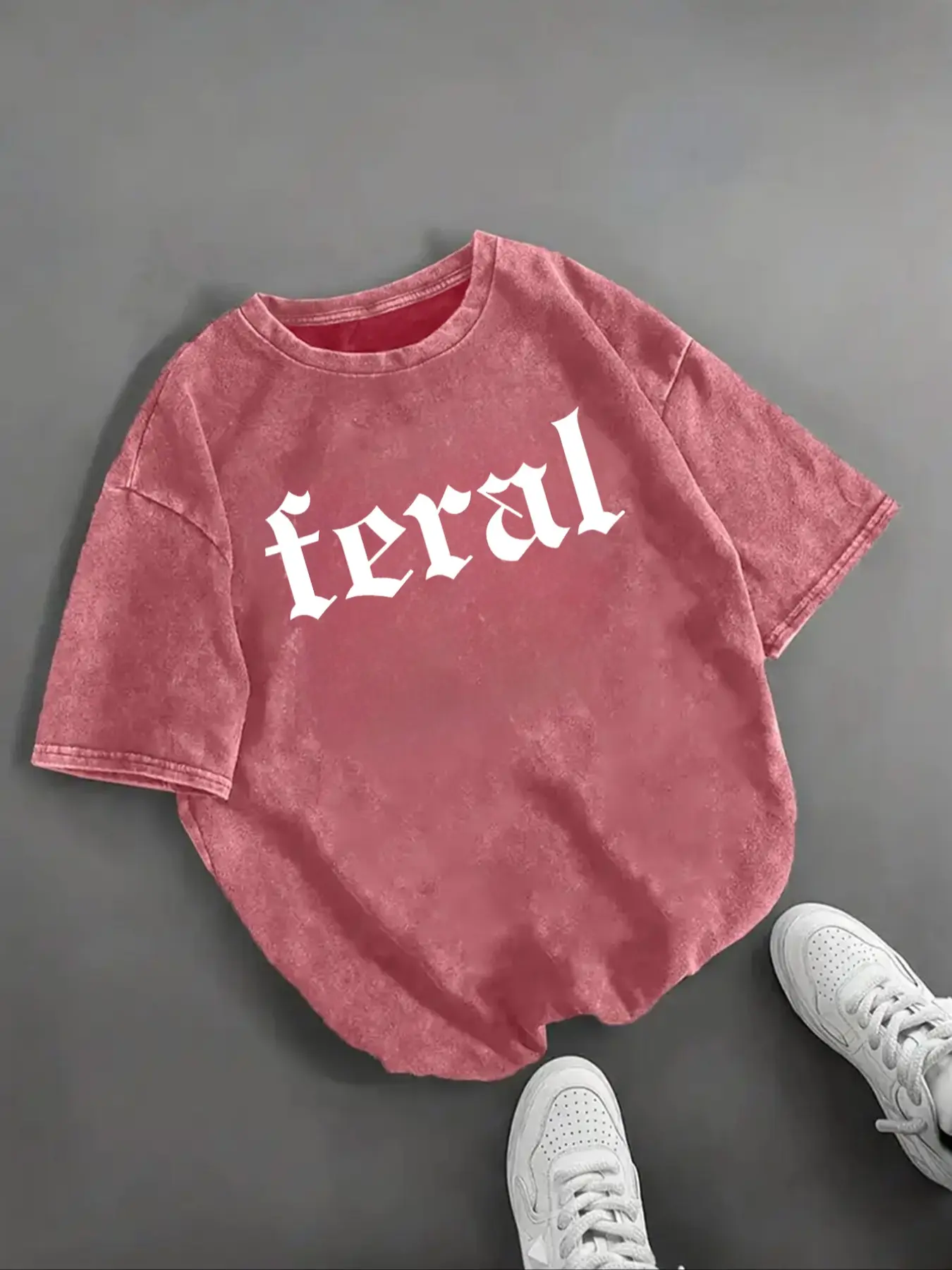 Women's Vintage Washed Cotton Soft T-Shirt Tee 'feral' Gothic Letter Print Loose Casual Short Sleeve Top, Summer Fashion, Fitted Style, Womenswear