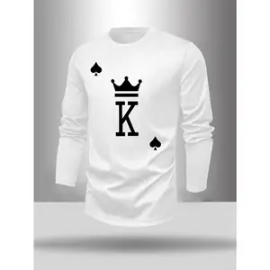 Men's King of Spades Graphic Long Sleeve Menswear Tops - Round Neck Longsleeves Casual Pullover, White with Black Playing Card Design, Ideal for Spring, Fall, Plant-Themed Outfits