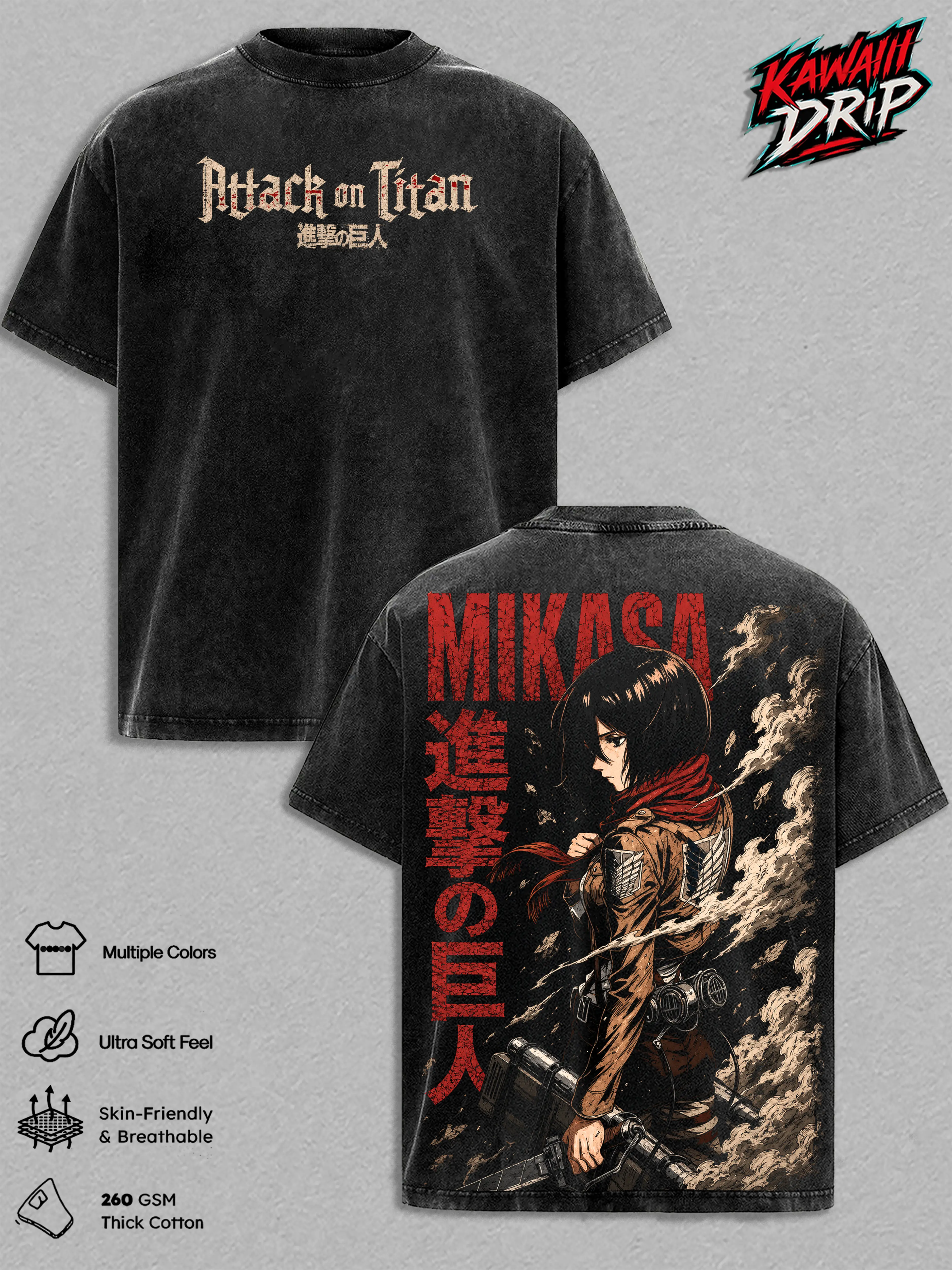 Mikasa Ackerman Vintage Washed Anime T-Shirt – AOT Graphic Tee, Shingeki no Kyojin Manga Streetwear Heavy Cotton Unisex Shirt, Attack On Titan Shirt Gift for Men & Women