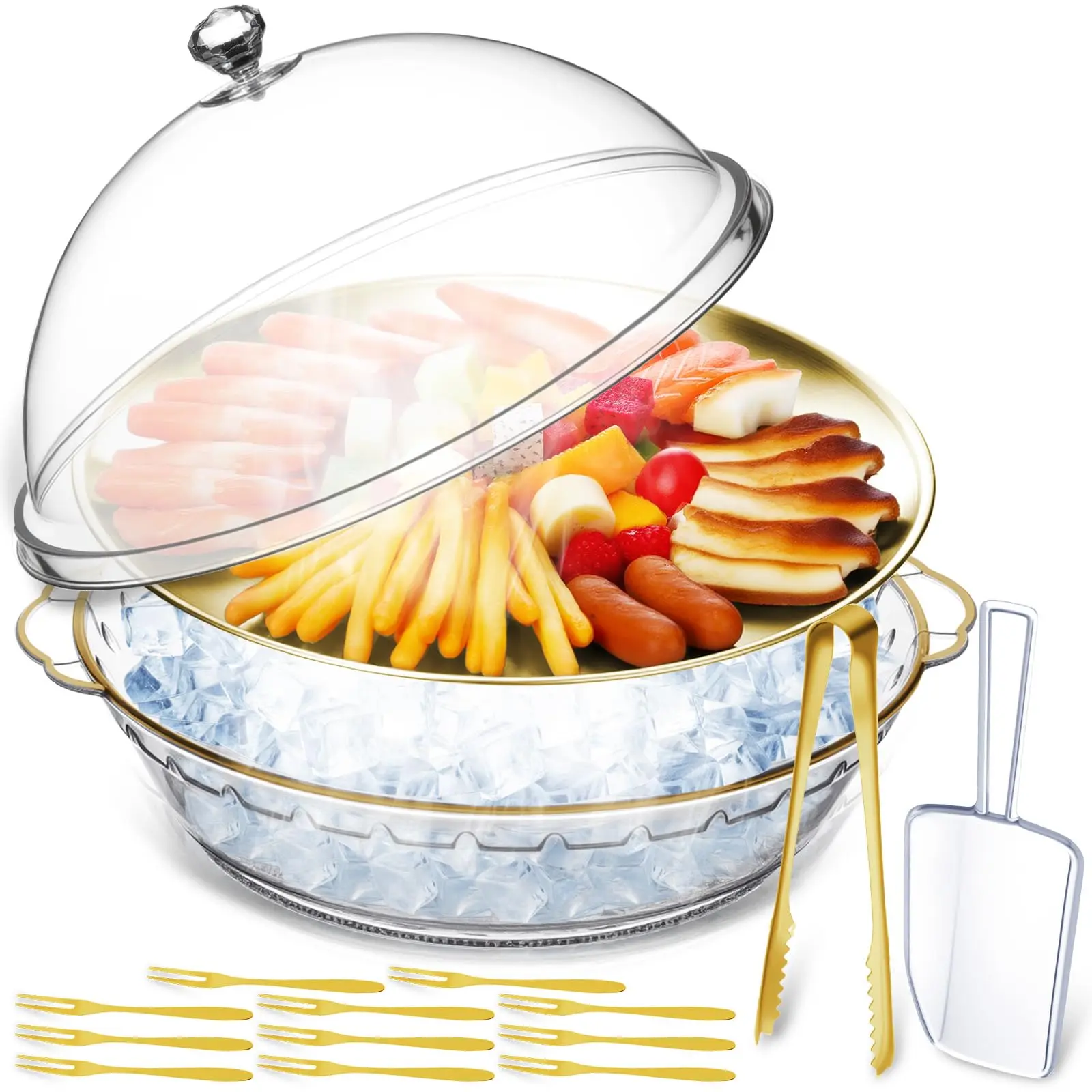 11.8" Chilled Serving Tray For Parties With Compartments And Lid Ice Party Platter Charcuterie Board Cold Dish Dip Fruit Seafood Vegetable Shrimp Cocktail(gold 1 Pcs)