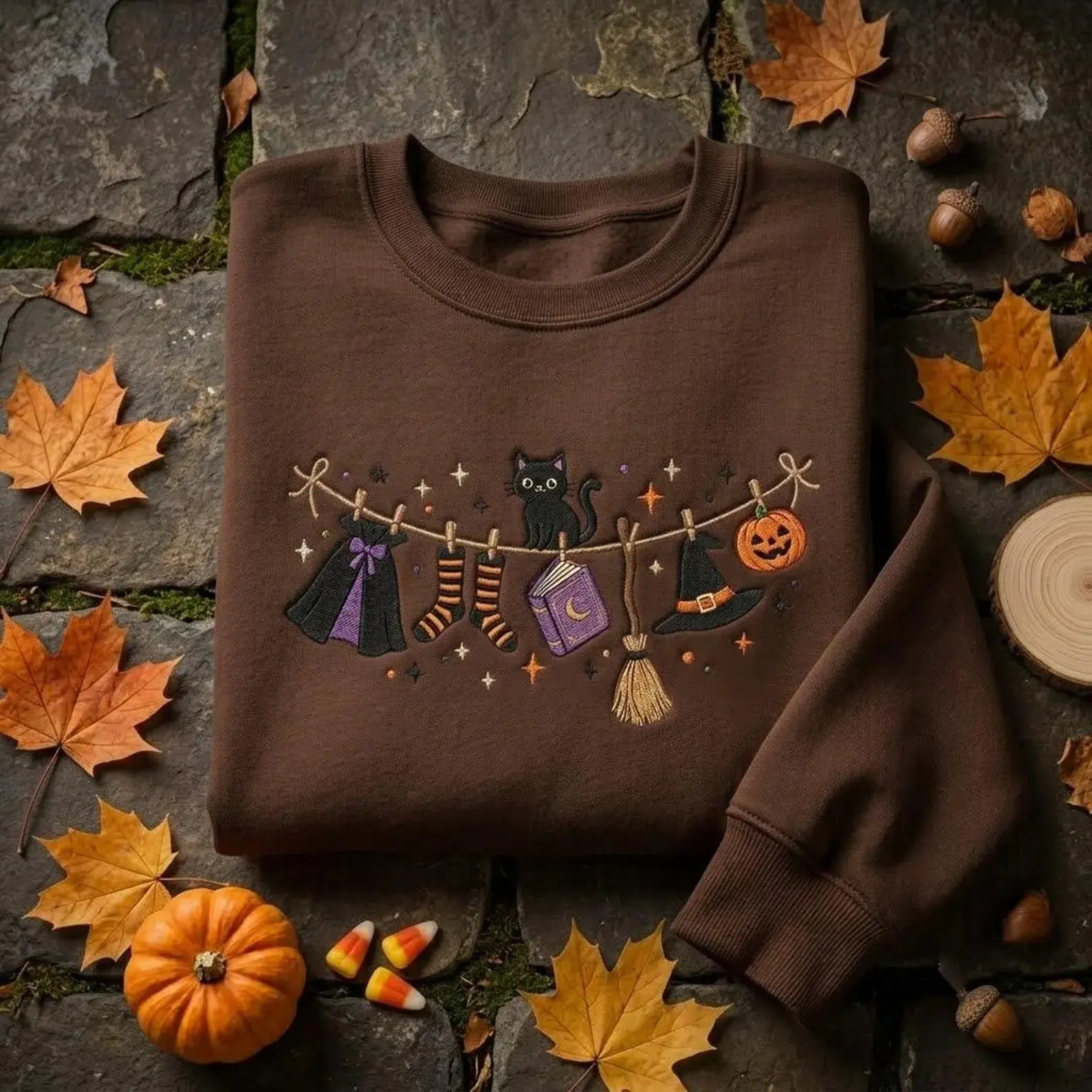Women's Halloween Witch Clothesline Embroidered Crewneck Sweatshirt - Black Cat, Broom, Hat, Book Prints - Casual Everyday Round Neck Fashion Apparel - Cute Spooky Autumn Gift for Adults, Style