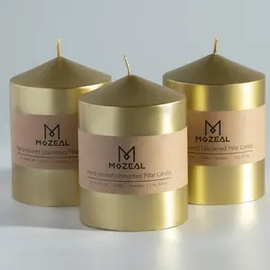 3" x 4" Hand-Poured Unscented Gold Pillar Candles, Set of 3 Dripless Smokeless Clean Burning Candles, Approx 60 Hours Burn Time, for Wedding Dinner Christmas Home Decor (3 Inch Width Series)