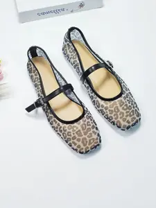 Women's Leopard Print Mesh Mary Jane Shoes, Casual Peep Toe Flat, Breathable Summer Footwear, Soft Rubber Sole, Sizes 37-43