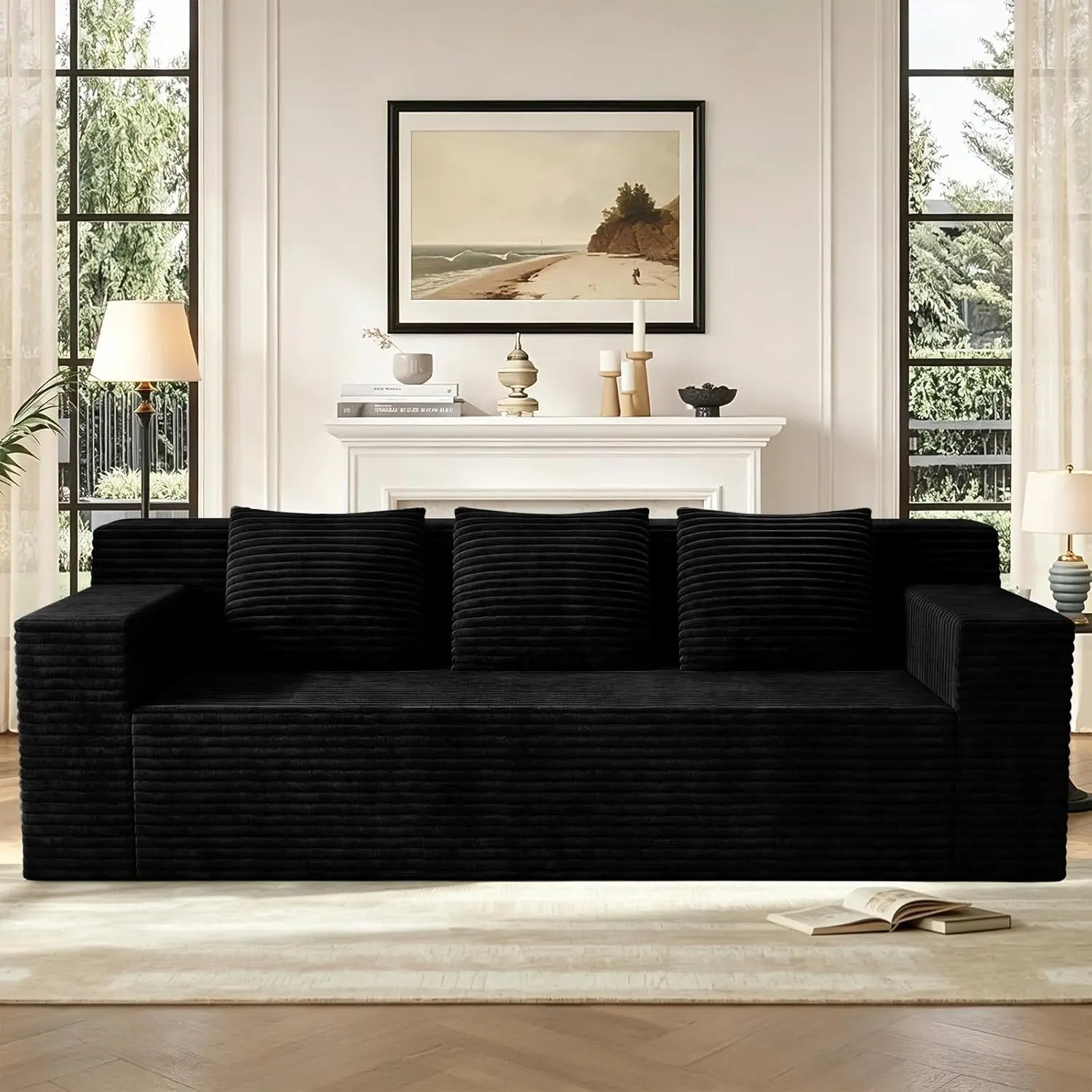 71" 3-Seat Boneless Couch Loveseat Sofa, Oversized Modern Comfy Floor Compressed Loveseat Sofa with 3 Pillows, Corduroy Memory Foam No Assembly RV Sofa Couch for Living Room, Office, Black