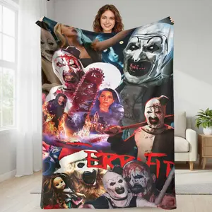 Horror Flannel Blanket Scary Clown Chainsaw Burning House Print Soft Warm Cozy for Bedroom Living Room Party Holiday Gift
