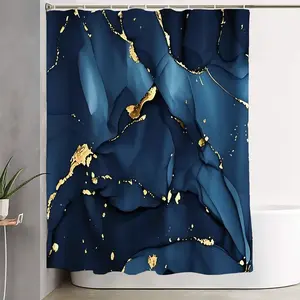 1/4pcs Elegant Navy Blue and Midnight Teal Faux Marble Shower Curtain Set with Gold Accents, Stylish Bath Mat, U-Shaped Toilet Base Mat, and Round Toilet Seat Cover for a Chic Bathroom Makeover – Perfect for Holiday Home Refresh!
