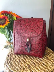 Hand-Tooled Maroon Leather Backpack