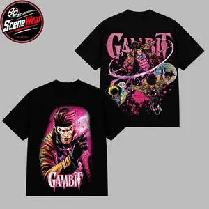 Gambit Black Premium Cotton T-Shirt, Pink Energy Card Hero Graphic Tee, Front & Back Comic Style Shirt, Retro Superhero Streetwear Tee, Oversized Unisex Gift For Fans