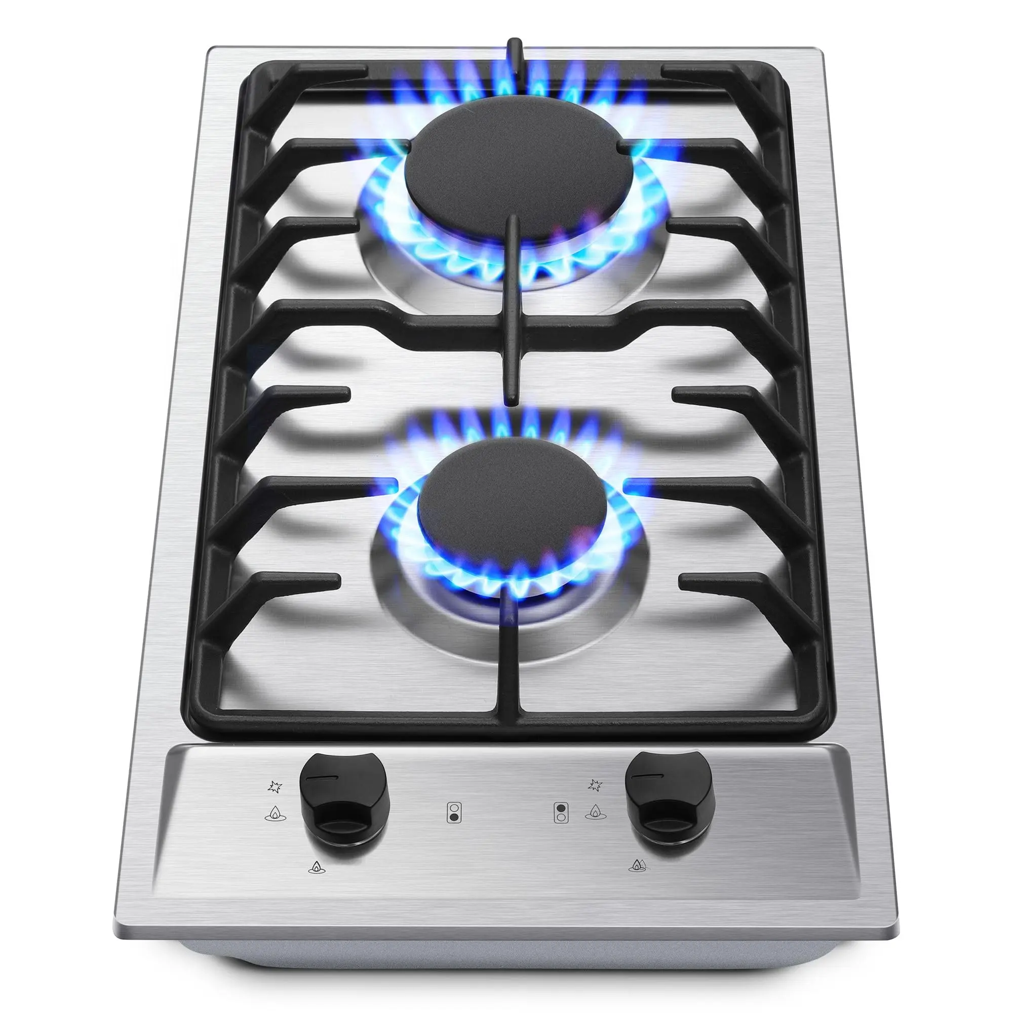 12 In Drop-In Double Burner Stainless Steel Gas Hob Stove Top - NG/LPG Convertible, Anti-Scalding Knob Controls, Corrosion-Resistant Commercial Use Built-In RV Appliance with Child Lock, 11.6"w x20.4"l x3.9"h, Model GH001-122S-J, Extra Lpg, Melt-Proof Kno
