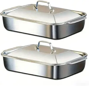 2 Set Stainless Steel Baking Pan with Lid, 15.7"x9.8"x2.3", Rectangle Sheet Cake Pans with Covers, Suitable For Family Gatherings, Barbecue, Bread Desserts, Seafood And Buffet