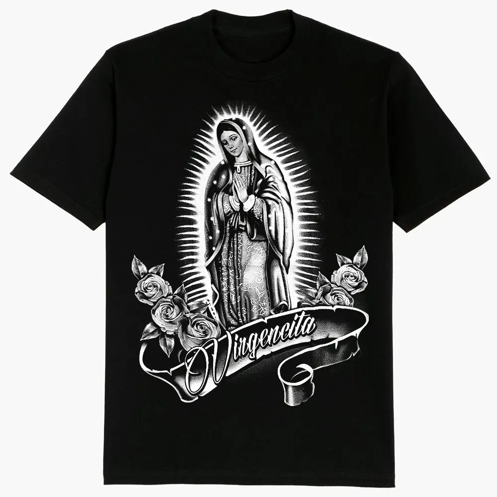 Guadalupe Virgin Mary Pray Flower, Chicano Clothing, Gangster clothes, Hoodies for men, Men's clothing, Streetwear, Lowrider, Graphic tee, Men gifts Fabric Unisex
