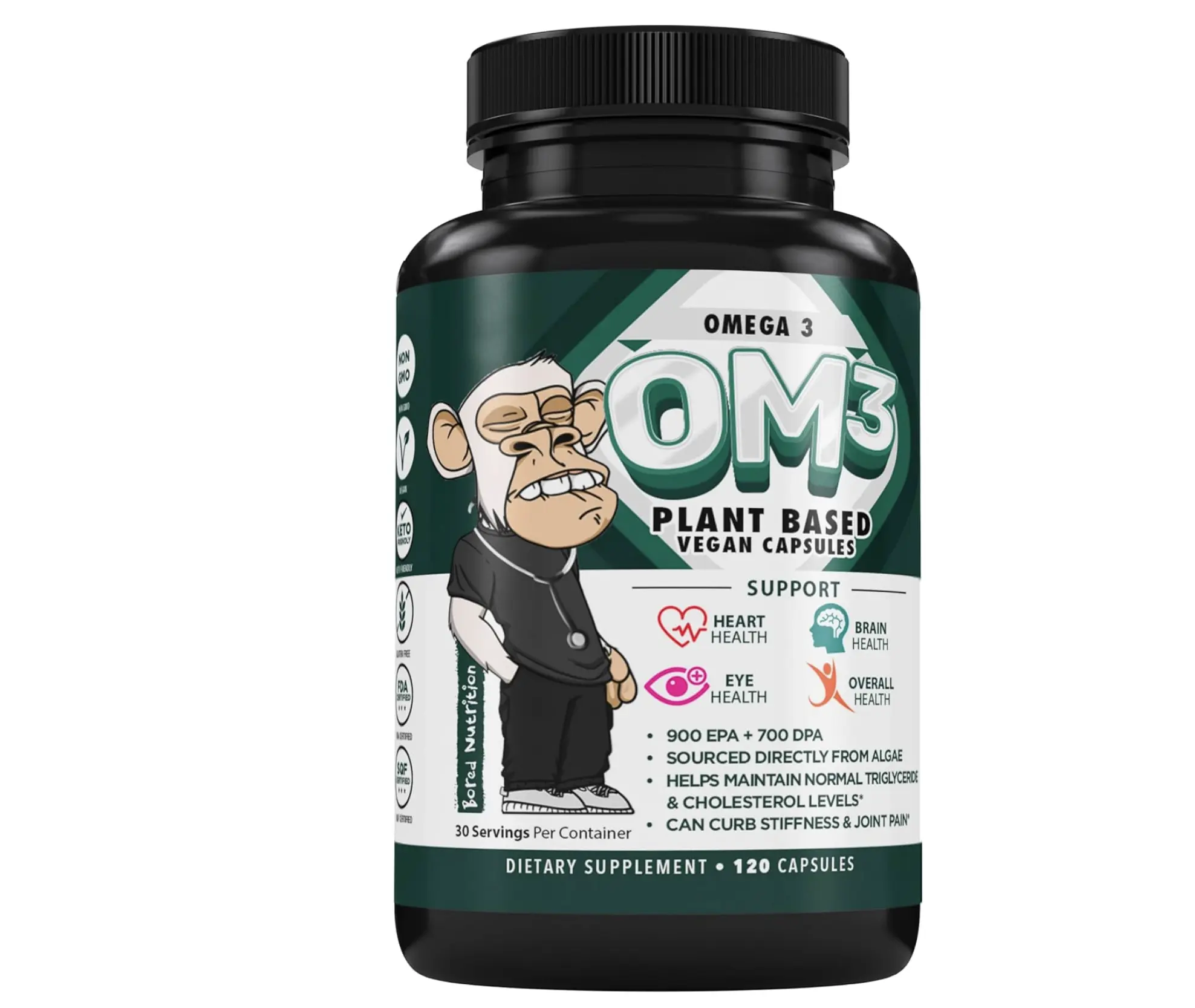Vegan Omega 3-120 Capsules - Algae Omega 3 Supplement - Plant Based Fish Oil Alternative - DHA & EPA Supplement - Supports Heart, Brain and Joint Health - by Bored Nutrition