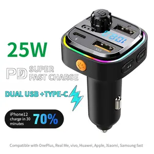 Bluetooth 5.3 FM Transmitter for Cars Wireless Car Adapter with Hands-Free Calling Dual USB & Type-C Fast Charging MP3 Playback, and 7-Color Ambient Lighting—Perfect for Road Trips and Commuting charger